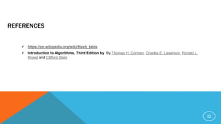 REFERENCES
 https://en.wikipedia.org/wiki/Hash_table
 Introduction to Algorithms, Third Edition by By Thomas H. Cormen, Charles E. Leiserson, Ronald L.
Rivest and Clifford Stein
32
 