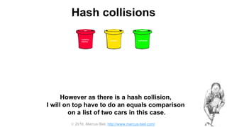  2016, Marcus Biel, http://www.marcus-biel.com/
Hash collisions
39929191
mumsCar
-391
myOldCar
dadsCar
myPorsche
However as there is a hash collision,
I will on top have to do an equals comparison
on a list of two cars in this case.
 