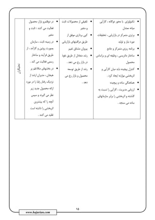 15
www.hajarian.com
•‫ﻛﺎرآﻳﻲ‬ ، ‫دوﮔﺎﻧﻪ‬ ‫ﻣﺤﻮر‬ ‫ﺑﺎ‬ ‫ﺗﻜﻨﻮﻟﻮژي‬
‫ﻣﻌﺘﺪل‬ ‫ﻣﻴﺎﻧﻪ‬
•‫ﺗﺤﻘﻴﻘﺎت‬ ، ‫ﺑﺎزارﻳﺎﺑﻲ‬ ‫در‬ ‫ﻣﺘﻤﺮﻛﺰ‬ ‫ﺑﺮﺗﺮي‬
‫ﺗﻮﻟﻴﺪ‬ ‫و‬ ‫ﻧﻴﺎز‬ ‫ﻣﻮرد‬
•‫ﺟﺎﻣﻊ‬ ‫و‬ ‫ﻣﺘﻤﺮﻛﺰ‬ ‫رﻳﺰي‬ ‫ﺑﺮﻧﺎﻣﻪ‬
•‫ﺑﺮاﺳﺎس‬ ‫و‬ ‫اي‬ ‫وﻇﻴﻔﻪ‬ ، ‫ﻣﺎﺗﺮﻳﺴﻲ‬ ‫ﺳﺎﺧﺘﺎر‬
‫ﻣﺤﺼﻮل‬
•‫ﻛﺎرآﻳﻲ‬ ‫ﻣﻴﺎن‬ ‫ﺑﺎﻳﺪ‬ ‫ﭘﻴﭽﻴﺪه‬ ‫ﻛﻨﺘﺮل‬‫و‬
‫ﻛﺮد‬ ‫اﻳﺠﺎد‬ ‫ﻣﻮازﻧﻪ‬ ‫اﺛﺮﺑﺨﺸﻲ‬.
•‫ﭘﻴﭽﻴﺪه‬ ‫و‬ ‫ﺳﺎده‬ ‫ﻫﻤﺎﻫﻨﮕﻲ‬
•‫ﺑﻪ‬ ‫ﻧﺴﺒﺖ‬ ‫را‬ ‫ﻛﺎرآﻳﻲ‬ ، ‫ﻣﺪﻳﺮﻳﺖ‬ ‫ارزﻳﺎﺑﻲ‬
‫ﺳﺎزﻣﺎﻧﻬﺎي‬ ‫ﺑﺮاﺑﺮ‬ ‫را‬ ‫اﺛﺮﺑﺨﺸﻲ‬ ‫و‬ ‫ﮔﺬﺷﺘﻪ‬
‫ﺳﻨﺠﺪ‬ ‫ﻣﻲ‬ ‫ﺳﺎده‬.
•‫ﺛﺎﺑﺖ‬ ‫ﻣﺤﺼﻮﻻت‬ ‫از‬ ‫ﺗﻠﻔﻴﻘﻲ‬
‫ﻣﺘﻐﻴﺮ‬ ‫و‬
•‫از‬ ‫ﻣﻮﻓﻖ‬ ‫ﺑﺮداري‬ ‫ﻛﭙﻲ‬
‫ﺑﺎزارﻳﺎﺑﻲ‬ ‫ﻣﺮاﻗﺒﺘﻬﺎي‬ ‫ﻃﺮﻳﻖ‬
•‫ﺗﻐﻴﻴﺮ‬ ‫ﻣﺸﺘﺎق‬ ‫ﭘﻴﺮوان‬
•‫ﻧﻔﻮذ‬ ‫ﻃﺮﻳﻖ‬ ‫از‬ ‫ﻣﺘﻌﺎدل‬ ‫رﺷﺪ‬
‫دﻫﺪ‬ ‫ﻣﻲ‬ ‫رخ‬ ‫ﺑﺎزار‬ ‫در‬.
•‫ﺗﻮﺳﻌﻪ‬ ‫ﻃﺮﻳﻖ‬ ‫از‬ ‫رﺷﺪ‬
‫ﻣﻲ‬ ‫رخ‬ ‫ﺑﺎزار‬ ‫و‬ ‫ﻣﺤﺼﻮل‬
‫دﻫﺪ‬.
•‫ﻣﺤﺼﻮل‬ ‫ﺑﺎزار‬ ‫دوﻗﻠﻤﺮو‬ ‫در‬
‫ﻛﻨﻨﺪ‬ ‫ﻣﻲ‬ ‫ﻓﻌﺎﻟﻴﺖ‬:‫و‬ ‫ﺛﺎﺑﺖ‬
‫ﻣﺘﻐﻴﺮ‬
•‫ﺳﺎزﻣﺎن‬ ، ‫ﺛﺎﺑﺖ‬ ‫زﻣﻴﻨﻪ‬ ‫در‬
‫از‬ ، ‫ﻛﺎرآﻣﺪ‬ ‫و‬ ‫روﺗﻴﻦ‬ ‫ﺑﺼﻮرت‬
‫ﺳﺎﺧﺘﺎر‬ ‫و‬ ‫ﻓﺮآﻳﻨﺪ‬ ‫ﻃﺮﻳﻖ‬
‫ﻛﻨﺪ‬ ‫ﻣﻲ‬ ‫ﻓﻌﺎﻟﻴﺖ‬ ‫رﺳﻤﻲ‬.
•‫ﻣﺘﻼﻃﻢ‬ ‫ﺑﺨﺸﻬﺎي‬ ‫در‬‫ﭘﺮ‬
‫از‬ ‫ارﺷﺪ‬ ‫ﻣﺪﻳﺮان‬ ، ‫ﻫﻴﺠﺎن‬
‫ﻧ‬‫ﻣﻮرد‬ ‫در‬ ‫را‬ ‫رﻗﺒﺎ‬ ‫رﻓﺘﺎر‬ ‫ﺰدﻳﻚ‬
‫زﻳﺮ‬ ‫ﺟﺪﻳﺪ‬ ‫ﻣﺤﺼﻮل‬ ‫اراﺋﻪ‬
‫ﺳﭙﺲ‬ ‫و‬ ‫ﮔﻴﺮﻧﺪ‬ ‫ﻣﻲ‬ ‫ﻧﻈﺮ‬
‫ﺑﻴﺸﺘﺮﻳﻦ‬ ‫ﻛﻪ‬ ‫را‬ ‫آﻧﭽﻪ‬
‫اﺳﺖ‬ ‫داﺷﺘﻪ‬ ‫را‬ ‫اﺛﺮﺑﺨﺸﻲ‬
‫ﻛﻨﻨﺪ‬ ‫ﻣﻲ‬ ‫ﺗﻘﻠﻴﺪ‬.
‫ﺗﺤﻠﻴﻠﮕﺮان‬
 