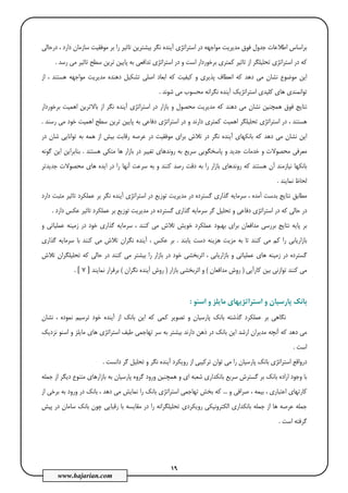 19
www.hajarian.com
‫ﻣﺪﻳ‬ ‫ﻓﻮق‬ ‫ﺟﺪول‬ ‫اﻃﻼﻋﺎت‬ ‫ﺑﺮاﺳﺎس‬‫درﺣﺎﻟﻲ‬ ، ‫دارد‬ ‫ﺳﺎزﻣﺎن‬ ‫ﻣﻮﻓﻘﻴﺖ‬ ‫ﺑﺮ‬ ‫را‬ ‫ﺗﺎﺛﻴﺮ‬ ‫ﺑﻴﺸﺘﺮﻳﻦ‬ ‫ﻧﮕﺮ‬ ‫آﻳﻨﺪه‬ ‫اﺳﺘﺮاﺗﮋي‬ ‫در‬ ‫ﻣﻮاﺟﻬﻪ‬ ‫ﺮﻳﺖ‬
‫رﺳﺪ‬ ‫ﻣﻲ‬ ‫ﺗﺎﺛﻴﺮ‬ ‫ﺳﻄﺢ‬ ‫ﺗﺮﻳﻦ‬ ‫ﭘﺎﻳﻴﻦ‬ ‫ﺑﻪ‬ ‫ﺗﺪاﻓﻌﻲ‬ ‫اﺳﺘﺮاﺗﮋي‬ ‫در‬ ‫و‬ ‫اﺳﺖ‬ ‫ﺑﺮﺧﻮردار‬ ‫ﻛﻤﺘﺮي‬ ‫ﺗﺎﺛﻴﺮ‬ ‫از‬ ‫ﺗﺤﻠﻴﻠﮕﺮ‬ ‫اﺳﺘﺮاﺗﮋي‬ ‫در‬ ‫ﻛﻪ‬.
‫دﻫﻨ‬ ‫ﺗﺸﻜﻴﻞ‬ ‫اﺻﻠﻲ‬ ‫اﺑﻌﺎد‬ ‫ﻛﻪ‬ ‫ﻛﻴﻔﻴﺖ‬ ‫و‬ ‫ﭘﺬﻳﺮي‬ ‫اﻧﻌﻄﺎف‬ ‫ﻛﻪ‬ ‫دﻫﺪ‬ ‫ﻣﻲ‬ ‫ﻧﺸﺎن‬ ‫ﻣﻮﺿﻮع‬ ‫اﻳﻦ‬‫از‬ ، ‫ﻫﺴﺘﻨﺪ‬ ‫ﻣﻮاﺟﻬﻪ‬ ‫ﻣﺪﻳﺮﻳﺖ‬ ‫ﺪه‬
‫ﺷﻮﻧﺪ‬ ‫ﻣﻲ‬ ‫ﻣﺤﺴﻮب‬ ‫ﻧﮕﺮاﻧﻪ‬ ‫آﻳﻨﺪه‬ ‫اﺳﺘﺮاﺗﮋﻳﻚ‬ ‫ﻛﻠﻴﺪي‬ ‫ﻫﺎي‬ ‫ﺗﻮاﻧﻤﻨﺪي‬.
‫ﺑﺮﺧﻮردار‬ ‫اﻫﻤﻴﺖ‬ ‫ﺑﺎﻻﺗﺮﻳﻦ‬ ‫از‬ ‫ﻧﮕﺮ‬ ‫آﻳﻨﺪه‬ ‫اﺳﺘﺮاﺗﮋي‬ ‫در‬ ‫ﺑﺎزار‬ ‫و‬ ‫ﻣﺤﺼﻮل‬ ‫ﻣﺪﻳﺮﻳﺖ‬ ‫ﻛﻪ‬ ‫دﻫﻨﺪ‬ ‫ﻣﻲ‬ ‫ﻧﺸﺎن‬ ‫ﻫﻤﭽﻨﻴﻦ‬ ‫ﻓﻮق‬ ‫ﻧﺘﺎﻳﺞ‬
‫دﻓﺎﻋﻲ‬ ‫اﺳﺘﺮاﺗﮋي‬ ‫در‬ ‫و‬ ‫دارﻧﺪ‬ ‫ﻛﻤﺘﺮي‬ ‫اﻫﻤﻴﺖ‬ ‫ﺗﺤﻠﻴﻠﮕﺮ‬ ‫اﺳﺘﺮاﺗﮋي‬ ‫در‬ ، ‫ﻫﺴﺘﻨﺪ‬‫رﺳﻨﺪ‬ ‫ﻣﻲ‬ ‫ﺧﻮد‬ ‫اﻫﻤﻴﺖ‬ ‫ﺳﻄﺢ‬ ‫ﺗﺮﻳﻦ‬ ‫ﭘﺎﻳﻴﻦ‬ ‫ﺑﻪ‬.
‫در‬ ‫ﺷﺎن‬ ‫ﺗﻮاﻧﺎﻳﻲ‬ ‫ﺑﻪ‬ ‫ﻫﻤﻪ‬ ‫از‬ ‫ﺑﻴﺶ‬ ‫رﻗﺎﺑﺖ‬ ‫ﻋﺮﺻﻪ‬ ‫در‬ ‫ﻣﻮﻓﻘﻴﺖ‬ ‫ﺑﺮاي‬ ‫ﺗﻼش‬ ‫در‬ ‫ﻧﮕﺮ‬ ‫آﻳﻨﺪه‬ ‫ﺑﺎﻧﻜﻬﺎي‬ ‫ﻛﻪ‬ ‫دﻫﺪ‬ ‫ﻣﻲ‬ ‫ﻧﺸﺎن‬ ‫اﻳﻦ‬
‫ﻫﺴﺘﻨﺪ‬ ‫ﻣﺘﻜﻲ‬ ‫ﻫﺎ‬ ‫ﺑﺎزار‬ ‫در‬ ‫ﺗﻐﻴﻴﺮ‬ ‫روﻧﺪﻫﺎي‬ ‫ﺑﻪ‬ ‫ﺳﺮﻳﻊ‬ ‫ﭘﺎﺳﺨﮕﻮﻳﻲ‬ ‫و‬ ‫ﺟﺪﻳﺪ‬ ‫ﺧﺪﻣﺎت‬ ‫و‬ ‫ﻣﺤﺼﻮﻻت‬ ‫ﻣﻌﺮﻓﻲ‬.‫ﮔﻮﻧﻪ‬ ‫اﻳﻦ‬ ‫ﺑﻨﺎﺑﺮاﻳﻦ‬
‫ﻧﻴﺎزﻣﻨ‬ ‫ﺑﺎﻧﻜﻬﺎ‬‫ﺟﺪﻳﺪﺗﺮ‬ ‫ﻣﺤﺼﻮﻻت‬ ‫ﻫﺎي‬ ‫اﻳﺪه‬ ‫در‬ ‫را‬ ‫آﻧﻬﺎ‬ ‫ﺳﺮﻋﺖ‬ ‫ﺑﻪ‬ ‫و‬ ‫ﻛﻨﻨﺪ‬ ‫رﺻﺪ‬ ‫دﻗﺖ‬ ‫ﺑﻪ‬ ‫را‬ ‫ﺑﺎزار‬ ‫روﻧﺪﻫﺎي‬ ‫ﻛﻪ‬ ‫ﻫﺴﺘﻨﺪ‬ ‫آن‬ ‫ﺪ‬
‫ﻧﻤﺎﻳﻨﺪ‬ ‫ﻟﺤﺎظ‬.
‫دارد‬ ‫ﻣﺜﺒﺖ‬ ‫ﺗﺎﺛﻴﺮ‬ ‫ﻋﻤﻠﻜﺮد‬ ‫ﺑﺮ‬ ‫ﻧﮕﺮ‬ ‫آﻳﻨﺪه‬ ‫اﺳﺘﺮاﺗﮋي‬ ‫در‬ ‫ﺗﻮزﻳﻊ‬ ‫ﻣﺪﻳﺮﻳﺖ‬ ‫در‬ ‫ﮔﺴﺘﺮده‬ ‫ﮔﺬاري‬ ‫ﺳﺮﻣﺎﻳﻪ‬ ، ‫آﻣﺪه‬ ‫ﺑﺪﺳﺖ‬ ‫ﻧﺘﺎﻳﺞ‬ ‫ﻣﻄﺎﺑﻖ‬
‫ﺳ‬ ‫ﮔﺮ‬ ‫ﺗﺤﻠﻴﻞ‬ ‫و‬ ‫دﻓﺎﻋﻲ‬ ‫اﺳﺘﺮاﺗﮋي‬ ‫در‬ ‫ﻛﻪ‬ ‫ﺣﺎﻟﻲ‬ ‫در‬‫دارد‬ ‫ﻋﻜﺲ‬ ‫ﺗﺎﺛﻴﺮ‬ ‫ﻋﻤﻠﻜﺮد‬ ‫ﺑﺮ‬ ‫ﺗﻮزﻳﻊ‬ ‫ﻣﺪﻳﺮﻳﺖ‬ ‫در‬ ‫ﮔﺴﺘﺮده‬ ‫ﮔﺬاري‬ ‫ﺮﻣﺎﻳﻪ‬.
‫و‬ ‫ﻋﻤﻠﻴﺎﺗﻲ‬ ‫زﻣﻴﻨﻪ‬ ‫در‬ ‫ﺧﻮد‬ ‫ﮔﺬاري‬ ‫ﺳﺮﻣﺎﻳﻪ‬ ، ‫ﻛﻨﻨﺪ‬ ‫ﻣﻲ‬ ‫ﺗﻼش‬ ‫ﺧﻮﻳﺶ‬ ‫ﻋﻤﻠﻜﺮد‬ ‫ﺑﻬﺒﻮد‬ ‫ﺑﺮاي‬ ‫ﻣﺪاﻓﻌﺎن‬ ‫ﺑﺮرﺳﻲ‬ ‫ﻧﺘﺎﻳﺞ‬ ‫ﭘﺎﻳﻪ‬ ‫ﺑﺮ‬
‫ﻳﺎﺑﻨﺪ‬ ‫دﺳﺖ‬ ‫ﻫﺰﻳﻨﻪ‬ ‫ﻣﺰﻳﺖ‬ ‫ﺑﻪ‬ ‫ﺗﺎ‬ ‫ﻛﻨﻨﺪ‬ ‫ﻣﻲ‬ ‫ﻛﻢ‬ ‫را‬ ‫ﺑﺎزارﻳﺎﺑﻲ‬.‫ﺳ‬ ‫ﺑﺎ‬ ‫ﻛﻨﻨﺪ‬ ‫ﻣﻲ‬ ‫ﺗﻼش‬ ‫ﻧﮕﺮان‬ ‫آﻳﻨﺪه‬ ، ‫ﻋﻜﺲ‬ ‫ﺑﺮ‬‫ﮔﺬاري‬ ‫ﺮﻣﺎﻳﻪ‬
‫ﺗﻼش‬ ‫ﺗﺤﻠﻴﻠﮕﺮان‬ ‫ﻛﻪ‬ ‫ﺣﺎﻟﻲ‬ ‫در‬ ‫ﻛﻨﻨﺪ‬ ‫ﻣﻲ‬ ‫ﺑﻴﺸﺘﺮ‬ ‫را‬ ‫ﺑﺎزار‬ ‫در‬ ‫ﺧﻮد‬ ‫اﺛﺮﺑﺨﺸﻲ‬ ، ‫ﺑﺎزارﻳﺎﺑﻲ‬ ‫و‬ ‫ﻋﻤﻠﻴﺎﺗﻲ‬ ‫ﻫﺎي‬ ‫زﻣﻴﻨﻪ‬ ‫در‬ ‫ﮔﺴﺘﺮده‬
‫ﻛﺎرآﻳﻲ‬ ‫ﺑﻴﻦ‬ ‫ﺗﻮازﻧﻲ‬ ‫ﻛﻨﻨﺪ‬ ‫ﻣﻲ‬)‫ﻣﺪاﻓﻌﺎن‬ ‫روش‬(‫ﺑﺎزار‬ ‫اﺛﺮﺑﺨﺸﻲ‬ ‫و‬)‫ﻧﮕﺮان‬ ‫آﻳﻨﺪه‬ ‫روش‬(‫ﻧﻤﺎﻳﻨﺪ‬ ‫ﺑﺮﻗﺮار‬]7[.
‫اﺳﻨ‬ ‫و‬ ‫ﻣﺎﻳﻠﺰ‬ ‫اﺳﺘﺮاﺗﮋﻳﻬﺎي‬ ‫و‬ ‫ﭘﺎرﺳﻴﺎن‬ ‫ﺑﺎﻧﻚ‬‫ﻮ‬:
‫ﻧﺸﺎن‬ ، ‫ﻧﻤﻮده‬ ‫ﺗﺮﺳﻴﻢ‬ ‫ﺧﻮد‬ ‫آﻳﻨﺪه‬ ‫از‬ ‫ﺑﺎﻧﻚ‬ ‫اﻳﻦ‬ ‫ﻛﻪ‬ ‫ﻛﻤﻲ‬ ‫ﺗﺼﻮﻳﺮ‬ ‫و‬ ‫ﭘﺎرﺳﻴﺎن‬ ‫ﺑﺎﻧﻚ‬ ‫ﮔﺬﺷﺘﻪ‬ ‫ﻋﻤﻠﻜﺮد‬ ‫ﺑﺮ‬ ‫ﻧﮕﺎﻫﻲ‬
‫ﻧﺰدﻳﻚ‬ ‫اﺳﻨﻮ‬ ‫و‬ ‫ﻣﺎﻳﻠﺰ‬ ‫ﻫﺎي‬ ‫اﺳﺘﺮاﺗﮋي‬ ‫ﻃﻴﻒ‬ ‫ﺗﻬﺎﺟﻤﻲ‬ ‫ﺳﺮ‬ ‫ﺑﻪ‬ ‫ﺑﻴﺸﺘﺮ‬ ‫دارﻧﺪ‬ ‫ذﻫﻦ‬ ‫در‬ ‫ﺑﺎﻧﻚ‬ ‫اﻳﻦ‬ ‫ارﺷﺪ‬ ‫ﻣﺪﻳﺮان‬ ‫آﻧﭽﻪ‬ ‫ﻛﻪ‬ ‫دﻫﺪ‬ ‫ﻣﻲ‬
‫اﺳﺖ‬.
‫از‬ ‫ﺗﺮﻛﻴﺒﻲ‬ ‫ﺗﻮان‬ ‫ﻣﻲ‬ ‫را‬ ‫ﭘﺎرﺳﻴﺎن‬ ‫ﺑﺎﻧﻚ‬ ‫اﺳﺘﺮاﺗﮋي‬ ‫درواﻗﻊ‬‫داﻧﺴﺖ‬ ‫ﮔﺮ‬ ‫ﺗﺤﻠﻴﻞ‬ ‫و‬ ‫ﻧﮕﺮ‬ ‫آﻳﻨﺪه‬ ‫روﻳﻜﺮد‬.
‫ﺟﻤﻠﻪ‬ ‫از‬ ‫دﻳﮕﺮ‬ ‫ﻣﺘﻨﻮع‬ ‫ﺑﺎزارﻫﺎي‬ ‫ﺑﻪ‬ ‫ﭘﺎرﺳﻴﺎن‬ ‫ﮔﺮوه‬ ‫ورود‬ ‫ﻫﻤﭽﻨﻴﻦ‬ ‫و‬ ‫اي‬ ‫ﺷﻌﺒﻪ‬ ‫ﺑﺎﻧﻜﺪاري‬ ‫ﺳﺮﻳﻊ‬ ‫ﮔﺴﺘﺮش‬ ‫ﺑﺮ‬ ‫ﺑﺎﻧﻚ‬ ‫اراده‬ ‫وﺟﻮد‬ ‫ﺑﺎ‬
‫و‬ ‫ﺻﺮاﻓﻲ‬ ، ‫ﺑﻴﻤﻪ‬ ، ‫اﻋﺘﺒﺎري‬ ‫ﻛﺎرﺗﻬﺎي‬...‫از‬ ‫ﺑﺮﺧﻲ‬ ‫ﺑﻪ‬ ‫ورود‬ ‫در‬ ‫ﺑﺎﻧﻚ‬ ، ‫دﻫﺪ‬ ‫ﻣﻲ‬ ‫ﻧﻤﺎﻳﺶ‬ ‫را‬ ‫ﺑﺎﻧﻚ‬ ‫اﺳﺘﺮاﺗﮋي‬ ‫ﺗﻬﺎﺟﻤﻲ‬ ‫ﺑﺨﺶ‬ ‫ﻛﻪ‬
‫ﺟﻤﻠ‬‫ﭘﻴﺶ‬ ‫در‬ ‫ﺳﺎﻣﺎن‬ ‫ﺑﺎﻧﻚ‬ ‫ﭼﻮن‬ ‫رﻗﺒﺎﻳﻲ‬ ‫ﺑﺎ‬ ‫ﻣﻘﺎﻳﺴﻪ‬ ‫در‬ ‫را‬ ‫ﺗﺤﻠﻴﻠﮕﺮاﻧﻪ‬ ‫روﻳﻜﺮدي‬ ‫اﻟﻜﺘﺮوﻧﻴﻜﻲ‬ ‫ﺑﺎﻧﻜﺪاري‬ ‫ﺟﻤﻠﻪ‬ ‫از‬ ‫ﻫﺎ‬ ‫ﻋﺮﺻﻪ‬ ‫ﻪ‬
‫اﺳﺖ‬ ‫ﮔﺮﻓﺘﻪ‬.
 