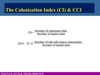 The Colonization Index (CI) & CCI
Slide 39
Pittet D et al. Ann Surg. 1994 Dec;220(6):751-8
Number of colonized sites
Number of tested sites
CI=
Number of site with heavy colonization
Number of tested sites
CCI= CI X
 