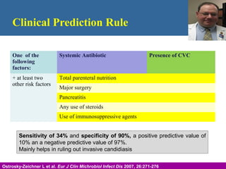 One of the
following
factors:
Systemic Antibiotic Presence of CVC
+ at least two
other risk factors
Total parenteral nutrition
Major surgery
Pancreatitis
Any use of steroids
Use of immunosuppressive agents
Clinical Prediction Rule
Slide 47
Ostrosky-Zeichner L et al. Eur J Clin Michrobiol Infect Dis 2007, 26:271-276
Sensitivity of 34% and specificity of 90%, a positive predictive value of
10% an a negative predictive value of 97%.
Mainly helps in ruling out invasive candidiasis
 