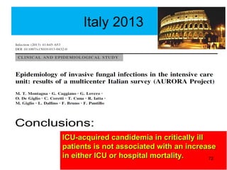 Italy 2013
ICU-acquired candidemia in critically illICU-acquired candidemia in critically ill
patients is not associated with an increasepatients is not associated with an increase
in either ICU or hospital mortality.in either ICU or hospital mortality. 72
 