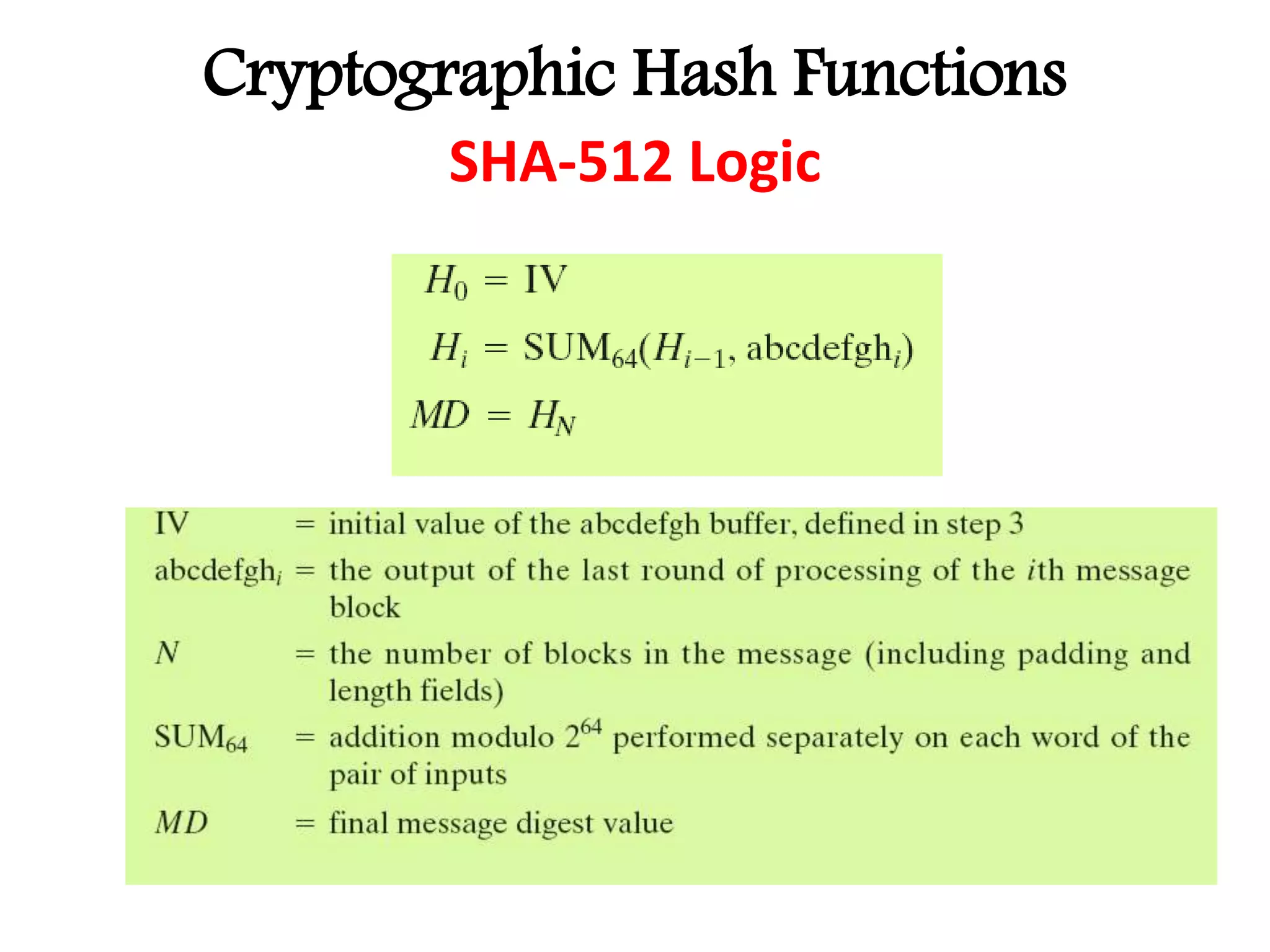 Cryptographic Hash Functions
SHA-512 Logic
 