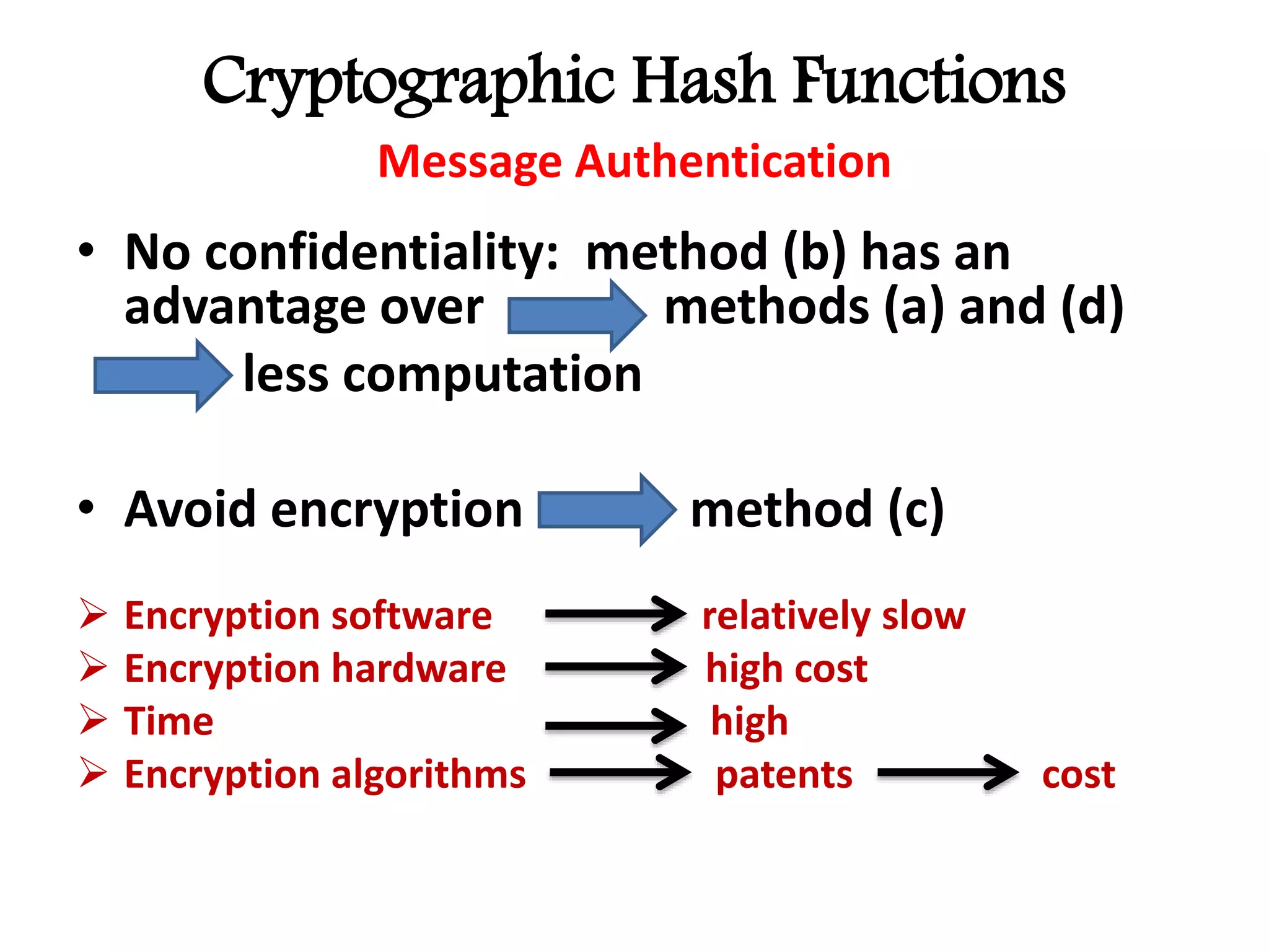 Cryptographic Hash Functions
Message Authentication
• No confidentiality: method (b) has an
advantage over methods (a) and (d)
less computation
• Avoid encryption method (c)
 Encryption software relatively slow
 Encryption hardware high cost
 Time high
 Encryption algorithms patents cost
 