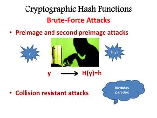 Cryptographic Hash Functions
Brute-Force Attacks
• Preimage and second preimage attacks
y H(y)=h
• Collision resistant attacks
y H(y)
Birthday
paradox
 