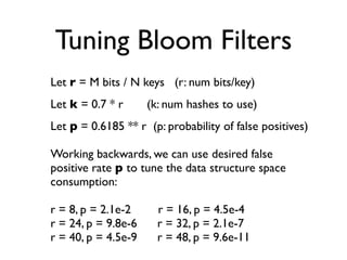 Tuning Bloom Filters
Let r = M bits / N keys (r: num bits/key)
Let k = 0.7 * r      (k: num hashes to use)
Let p = 0.6185 ** r (p: probability of false positives)

Working backwards, we can use desired false
positive rate p to tune the data structure space
consumption:

r = 8, p = 2.1e-2      r = 16, p = 4.5e-4
r = 24, p = 9.8e-6     r = 32, p = 2.1e-7
r = 40, p = 4.5e-9     r = 48, p = 9.6e-11
 