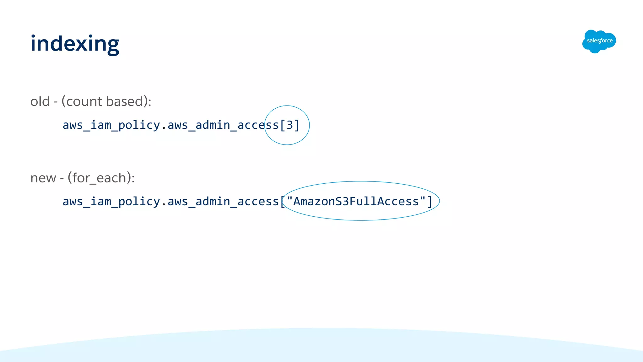 old - (count based):
aws_iam_policy.aws_admin_access[3]
new - (for_each):
aws_iam_policy.aws_admin_access["AmazonS3FullAccess"]
indexing
 