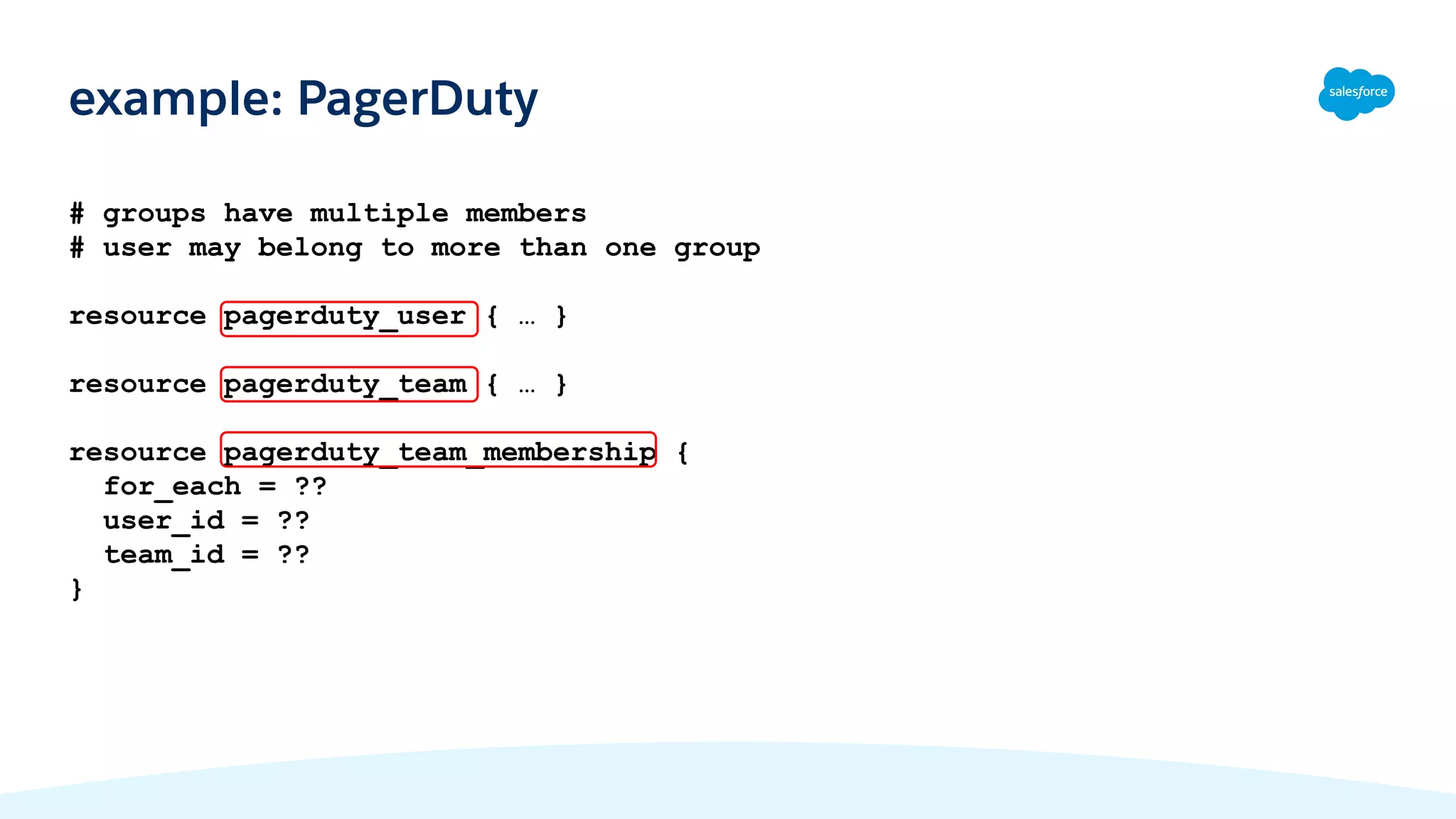 # groups have multiple members
# user may belong to more than one group
resource pagerduty_user { … }
resource pagerduty_team { … }
resource pagerduty_team_membership {
for_each = ??
user_id = ??
team_id = ??
}
example: PagerDuty
 