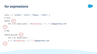 for expressions
users = [ "achman", "aziss", "bwong", "cshah", ]
# list
emails = [
for u in local.users : "${replace(u, "-", ".")}@pagerduty.com"
]
# map
emails_by_user = {
for u in local.users :
u => "${replace(u, "-", ".")}@pagerduty.com"
}
 