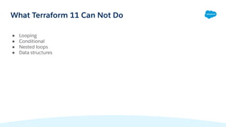 What Terraform 11 Can Not Do
● Looping
● Conditional
● Nested loops
● Data structures
 