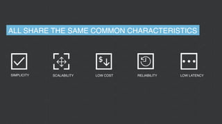SIMPLICITY SCALABILITY LOW COST RELIABILITY LOW LATENCY
ALL SHARE THE SAME COMMON CHARACTERISTICS
 