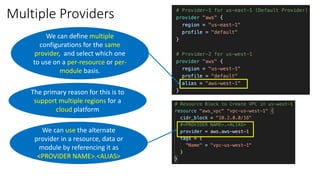 © Kalyan Reddy Daida
Multiple Providers
We can define multiple
configurations for the same
provider, and select which one
to use on a per-resource or per-
module basis.
The primary reason for this is to
support multiple regions for a
cloud platform
We can use the alternate
provider in a resource, data or
module by referencing it as
<PROVIDER NAME>.<ALIAS>
 