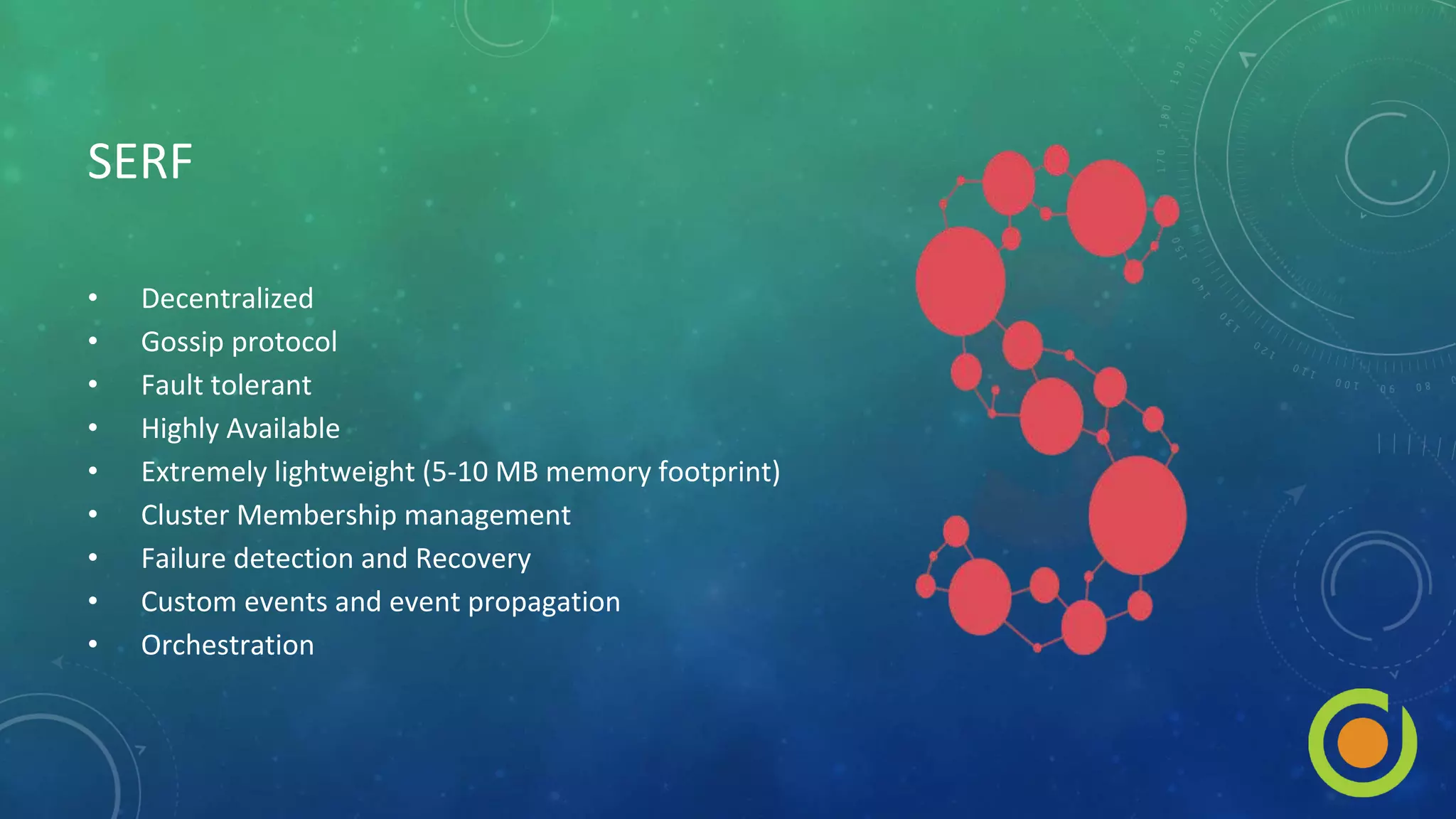 SERF
• Decentralized
• Gossip protocol
• Fault tolerant
• Highly Available
• Extremely lightweight (5-10 MB memory footprint)
• Cluster Membership management
• Failure detection and Recovery
• Custom events and event propagation
• Orchestration
 