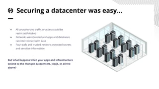 Securing a datacenter was easy...
● All unauthorized traﬃc or access could be
restricted/blocked
● Networks were trusted and apps and databases
can interconnect with ease
● Four walls and trusted network protected secrets
and sensitive information
But what happens when your apps and infrastructure
extend to the multiple datacenters, cloud, or all the
above?
 