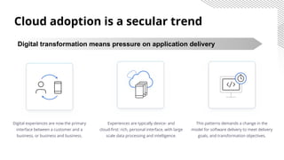 Digital experiences are now the primary
interface between a customer and a
business, or business and business.
Experiences are typically device- and
cloud-ﬁrst: rich, personal interface, with large
scale data processing and intelligence.
Cloud adoption is a secular trend
This patterns demands a change in the
model for software delivery to meet delivery
goals, and transformation objectives.
Digital transformation means pressure on application delivery
 