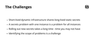 The Challenges
● Short-lived dynamic infrastructure shares long-lived static secrets
● A secrets problem with one instance is a problem for all instances
● Rolling out new secrets takes a long time - time you may not have
● Identifying the scope of problems is a challenge
 