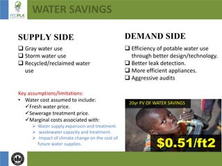7
WATER SAVINGS
 Efficiency of potable water use
through better design/technology.
 Better leak detection.
 More efficient appliances.
 Aggressive audits
 Gray water use
 Storm water use
 Recycled/reclaimed water
use
DEMAND SIDESUPPLY SIDE
20yr PV OF WATER SAVINGS
$0.51/ft2
Key assumptions/limitations:
• Water cost assumed to include:
Fresh water price.
Sewerage treatment price.
Marginal costs associated with:
 Water supply expansion and treatment.
 wastewater capacity and treatment.
 Impact of climate change on the cost of
future water supplies.
 