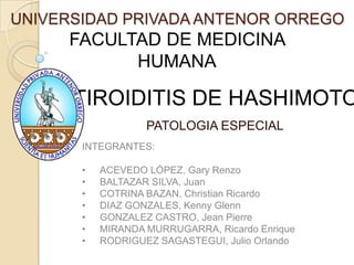 UNIVERSIDAD PRIVADA ANTENOR ORREGO FACULTAD DE MEDICINA HUMANA TIROIDITIS DE HASHIMOTO PATOLOGIA ESPECIAL INTEGRANTES: ,[object Object]