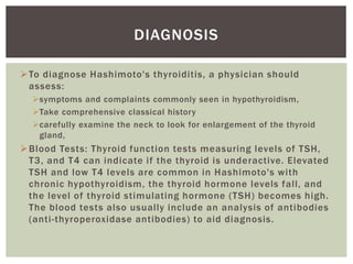 To diagnose Hashimoto's thyroiditis, a physician should
assess:
symptoms and complaints commonly seen in hypothyroidism,
Take comprehensive classical history
carefully examine the neck to look for enlargement of the thyroid
gland,
Blood Tests: Thyroid function tests measuring levels of TSH,
T3, and T4 can indicate if the thyroid is underactive. Elevated
TSH and low T4 levels are common in Hashimoto's with
chronic hypothyroidism, the thyroid hormone levels fall, and
the level of thyroid stimulating hormone (TSH) becomes high.
The blood tests also usually include an analysis of antibodies
(anti-thyroperoxidase antibodies) to aid diagnosis.
DIAGNOSIS
 
