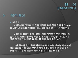  제곱법
   - 제곱법은 레코드 키 값을 제곱한 후에 결과 값의 중간 부분
에 있는 몇 비트를 선택하여 해시 테이블의 홈 주소로 사용한다.

  - 제곱된 결과의 중간 비트는 대개 레코드의 모든 문자에 의
존하므로, 레코드를 구성하는 몇 개의 문자가 같을 지라도 서로
다른 레코드 키는 다른 홈 주소를 갖게 될 확률이 높다.

   - 홈 주소를 얻기 위해 사용되는 비트 수는 테이블의 크기에
따라 달라지는데, 중간 부분의 자릿수를 n이라 하면 각 레코드
값들이 가지는 범위인 해시 테이블의 크기는 2n이 된다.
 