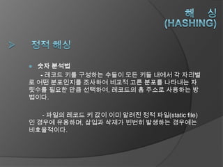  숫자 분석법
   - 레코드 키를 구성하는 수들이 모든 키들 내에서 각 자리별
로 어떤 분포인지를 조사하여 비교적 고른 분포를 나타내는 자
릿수를 필요한 만큼 선택하여, 레코드의 홈 주소로 사용하는 방
법이다.

   - 파일의 레코드 키 값이 이미 알려진 정적 파일(static file)
인 경우에 유용하며, 삽입과 삭제가 빈번히 발생하는 경우에는
비효율적이다.
 