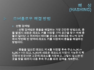  선형 검색법
   - 선형 검색법은 충돌을 해결하는 가장 간단한 방법으로, 충
돌 발생시 새로운 레코드 키를 저장할 기억 공간을 찾기 위해 충
돌이 일어난 그 위치에서 테이블 순으로 차례대로 하나씩 검색
하여 첫번째 빈 영역에 레코드 키를 저장하여 충돌을 해결하는
방법이다.

    - 충돌을 일으킨 레코드 키 K를 저장할 후속 주소 h1(K) =
h0(K) + 1이 되고, h1(K)에 새로운 레코드의 저장이 가능한지 확
인하여 빈곳이면 그곳에 레코드를 저장하고, 그렇지 않으면 빈
곳을 찾을 때까지 다음 후속 주소를 따라 검색을 계속한다.
 