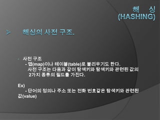 •   사전 구조
     - 맵(map)이나 테이블(table)로 불리우기도 한다.
       사전 구조는 다음과 같이 탐색키와 탐색키와 관련된 값의
       2가지 종류의 필드를 가진다.

Ex)
   - 단어의 정의나 주소 또는 전화 번호같은 탐색키와 관련된
값(value)
 