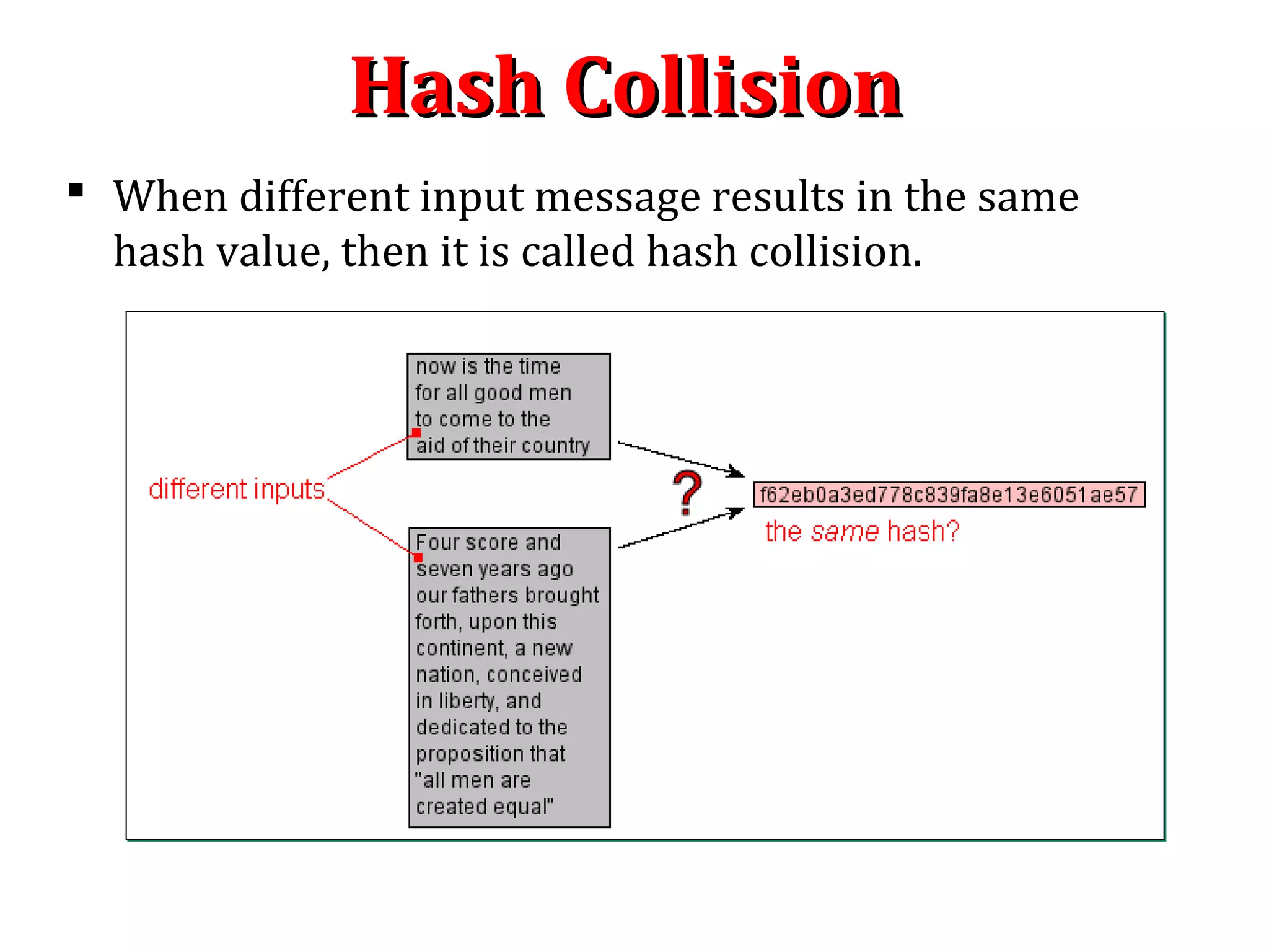 Hash CollisionHash Collision
 When different input message results in the same
hash value, then it is called hash collision.
 