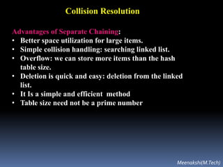 Collision Resolution
Advantages of Separate Chaining:
• Better space utilization for large items.
• Simple collision handling: searching linked list.
• Overflow: we can store more items than the hash
table size.
• Deletion is quick and easy: deletion from the linked
list.
• It Is a simple and efficient method
• Table size need not be a prime number
Meenakshi(M.Tech)
 