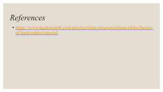 References
• https://www.hackerearth.com/practice/data-structures/hash-tables/basics-
of-hash-tables/tutorial/
 