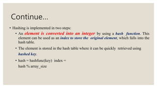 Continue…
• Hashing is implemented in two steps:
• An element is converted into an integer by using a hash function. This
element can be used as an index to store the original element, which falls into the
hash table.
• The element is stored in the hash table where it can be quickly retrieved using
hashed key.
• hash = hashfunc(key) index =
hash % array_size
 