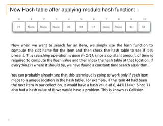 New Hash table after applying modulo hash function:
Now when we want to search for an item, we simply use the hash function to
compute the slot name for the item and then check the hash table to see if it is
present. This searching operation is done in O(1), since a constant amount of time is
required to compute the hash value and then index the hash table at that location. If
everything is where it should be, we have found a constant time search algorithm.
You can probably already see that this technique is going to work only if each item
maps to a unique location in the hash table. For example, if the item 44 had been
the next item in our collection, it would have a hash value of 0, 44%11==0. Since 77
also had a hash value of 0, we would have a problem. This is known as Collision.
 