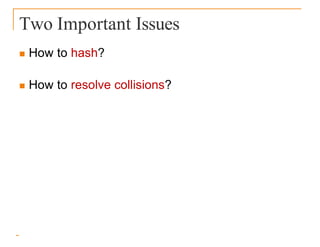 Two Important Issues
 How to hash?
 How to resolve collisions?
 