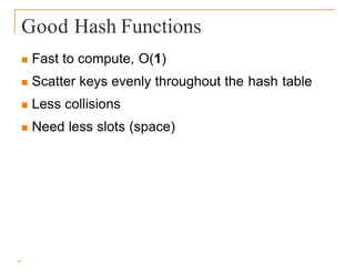 Good Hash Functions
 Fast to compute, O(1)
 Scatter keys evenly throughout the hash table
 Less collisions
 Need less slots (space)
 