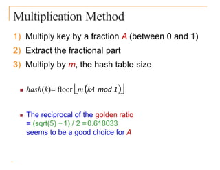 Multiplication Method
1) Multiply key by a fraction A (between 0 and 1)
2) Extract the fractional part
3) Multiply by m, the hash table size
 hash(k) floor mkA mod 1
 The reciprocal of the golden ratio
= (sqrt(5) −1) / 2 =0.618033
seems to be a good choice for A
 