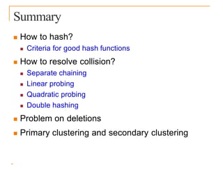 Summary
 How to hash?
 Criteria for good hash functions
 How to resolve collision?
 Separate chaining
 Linear probing
 Quadratic probing
 Double hashing
 Problem on deletions
 Primary clustering and secondary clustering
 