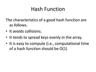 Hash Function
The characteristics of a good hash function are
as follows.
• It avoids collisions.
• It tends to spread keys evenly in the array.
• It is easy to compute (i.e., computational time
of a hash function should be O(1)
 