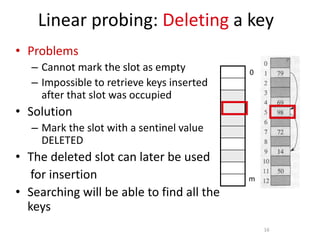 16
Linear probing: Deleting a key
• Problems
– Cannot mark the slot as empty
– Impossible to retrieve keys inserted
after that slot was occupied
• Solution
– Mark the slot with a sentinel value
DELETED
• The deleted slot can later be used
for insertion
• Searching will be able to find all the
keys
0
m - 1
 