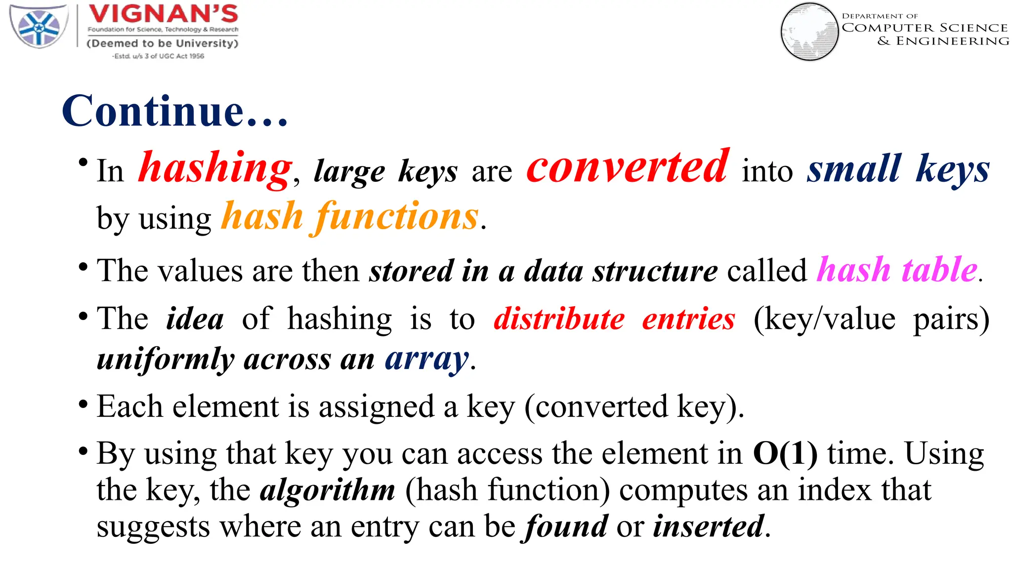 Continue…
• In hashing, large keys are converted into small keys
by using hash functions.
• The values are then stored in a data structure called hash table.
• The idea of hashing is to distribute entries (key/value pairs)
uniformly across an array.
• Each element is assigned a key (converted key).
• By using that key you can access the element in O(1) time. Using
the key, the algorithm (hash function) computes an index that
suggests where an entry can be found or inserted.
 