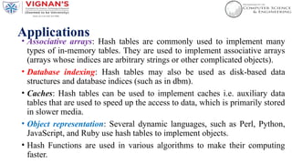 Applications
• Associative arrays: Hash tables are commonly used to implement many
types of in-memory tables. They are used to implement associative arrays
(arrays whose indices are arbitrary strings or other complicated objects).
• Database indexing: Hash tables may also be used as disk-based data
structures and database indices (such as in dbm).
• Caches: Hash tables can be used to implement caches i.e. auxiliary data
tables that are used to speed up the access to data, which is primarily stored
in slower media.
• Object representation: Several dynamic languages, such as Perl, Python,
JavaScript, and Ruby use hash tables to implement objects.
• Hash Functions are used in various algorithms to make their computing
faster.
 
