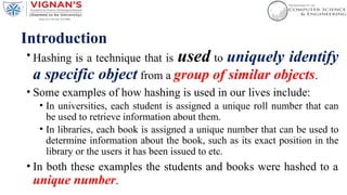 Introduction
• Hashing is a technique that is used to uniquely identify
a specific object from a group of similar objects.
• Some examples of how hashing is used in our lives include:
• In universities, each student is assigned a unique roll number that can
be used to retrieve information about them.
• In libraries, each book is assigned a unique number that can be used to
determine information about the book, such as its exact position in the
library or the users it has been issued to etc.
• In both these examples the students and books were hashed to a
unique number.
 