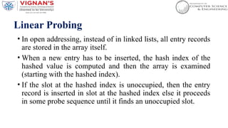 Linear Probing
• In open addressing, instead of in linked lists, all entry records
are stored in the array itself.
• When a new entry has to be inserted, the hash index of the
hashed value is computed and then the array is examined
(starting with the hashed index).
• If the slot at the hashed index is unoccupied, then the entry
record is inserted in slot at the hashed index else it proceeds
in some probe sequence until it finds an unoccupied slot.
 