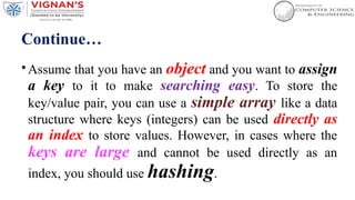 Continue…
•Assume that you have an object and you want to assign
a key to it to make searching easy. To store the
key/value pair, you can use a simple array like a data
structure where keys (integers) can be used directly as
an index to store values. However, in cases where the
keys are large and cannot be used directly as an
index, you should use hashing.
 