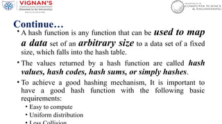 Continue…
• A hash function is any function that can be used to map
a data set of an arbitrary size to a data set of a fixed
size, which falls into the hash table.
• The values returned by a hash function are called hash
values, hash codes, hash sums, or simply hashes.
• To achieve a good hashing mechanism, It is important to
have a good hash function with the following basic
requirements:
• Easy to compute
• Uniform distribution
 