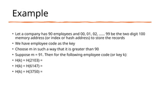 Example
• Let a company has 90 employees and 00, 01, 02, ...... 99 be the two digit 100
memory address (or index or hash address) to store the records
• We have employee code as the key
• Choose m in such a way that it is greater than 90
• Suppose m = 91. Then for the following employee code (or key k):
• H(k) = H(2103) =
• H(k) = H(6147) =
• H(k) = H(3750) =
 