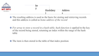 ❖ The resulting address is used as the basis for storing and retrieving records
and this address is called as home address of the record
❖ For array to store a record in a hash table, hash function is applied to the key
of the record being stored, returning an index within the range of the hash
table
❖ The item is then stored in the table of that index position
ke
y
Hash(key
)
Addres
s
 