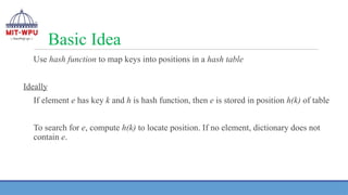 Basic Idea
Use hash function to map keys into positions in a hash table
Ideally
If element e has key k and h is hash function, then e is stored in position h(k) of table
To search for e, compute h(k) to locate position. If no element, dictionary does not
contain e.
 