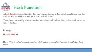 Hash Functions
A hash function is any function that can be used to map a data set of an arbitrary size to a
data set of a fixed size, which falls into the hash table.
The values returned by a hash function are called hash values, hash codes, hash sums, or
simply hashes.
Example:
H(x)=x mod 10
Here, H(x) is called as hash function while value returned by function is called as hash
value.
 