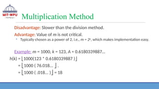 Multiplication Method
Disadvantage: Slower than the division method.
Advantage: Value of m is not critical.
◦ Typically chosen as a power of 2, i.e., m = 2p
, which makes implementation easy.
Example: m = 1000, k = 123, A ≈ 0.6180339887…
h(k) = ⎣1000(123 * 0.6180339887 )⎦
= 1000 ( 76.018... .
⎣ ⎦
= 1000 ( .018... )
⎣ ⎦ = 18
 